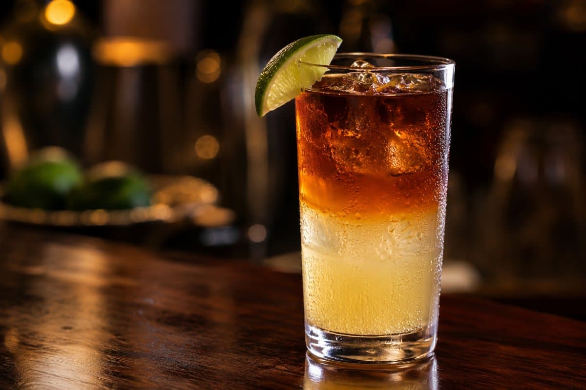 Dark and Stormy cocktail - rum-based served in a glass with garnish