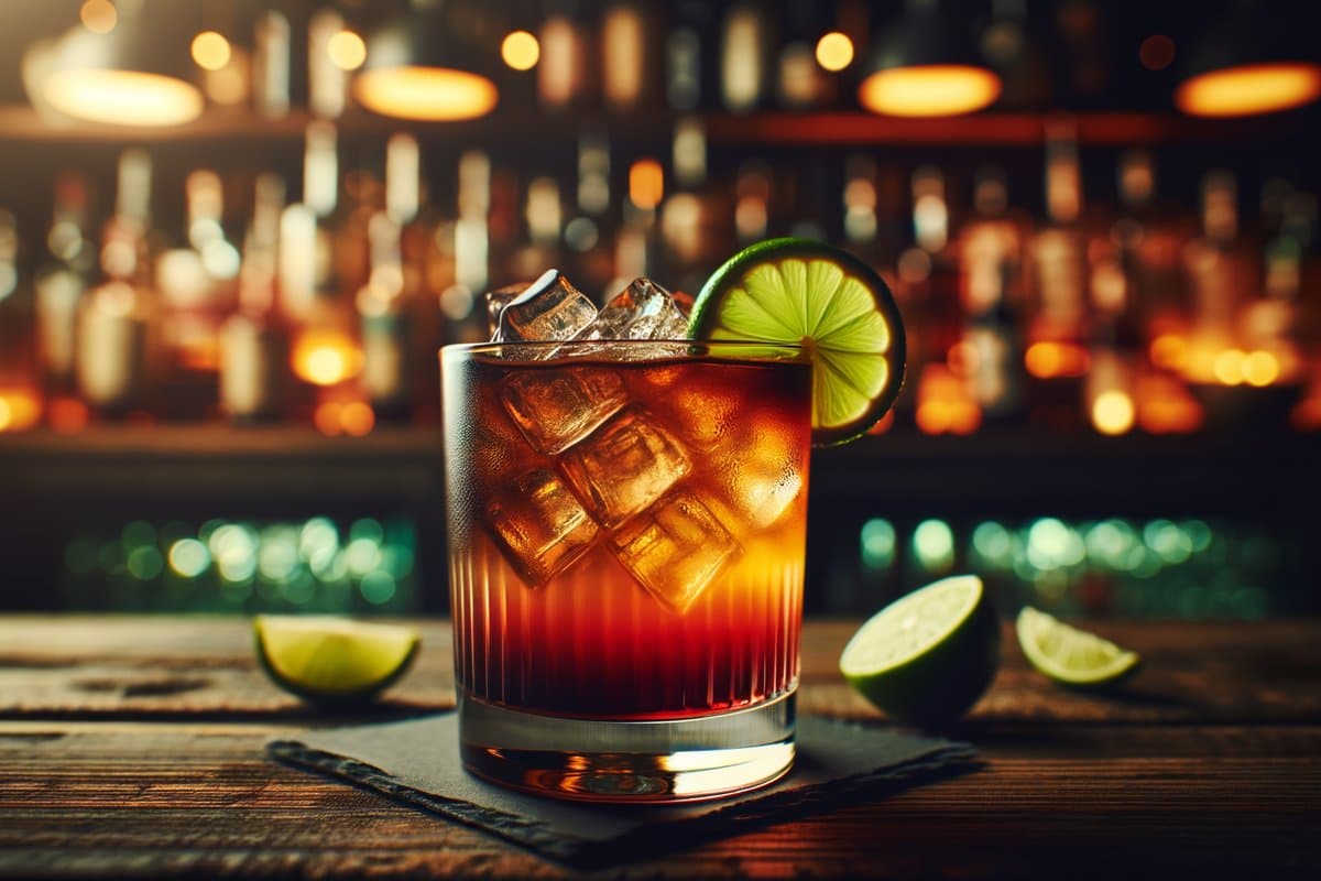 Dark and Stormy cocktail - rum-based served in highball glass with lime wedge