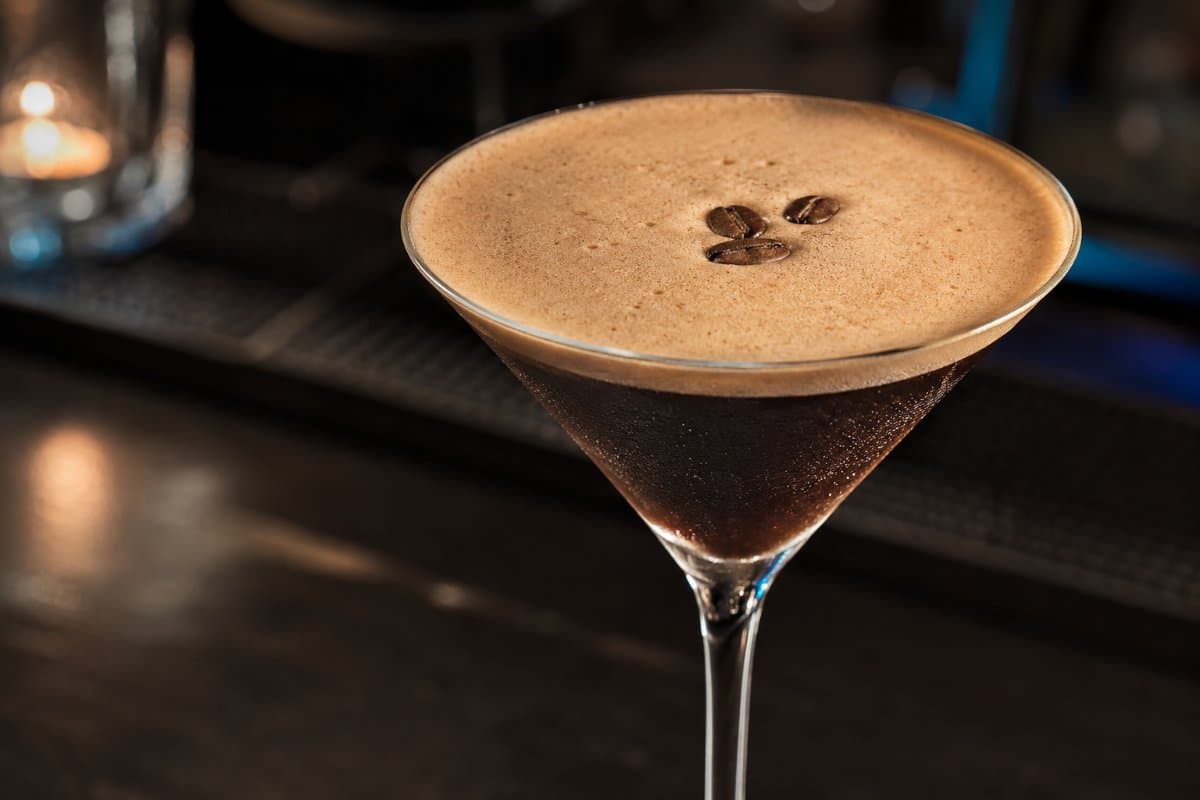 Espresso Martini cocktail - vodka-based served in a glass with garnish