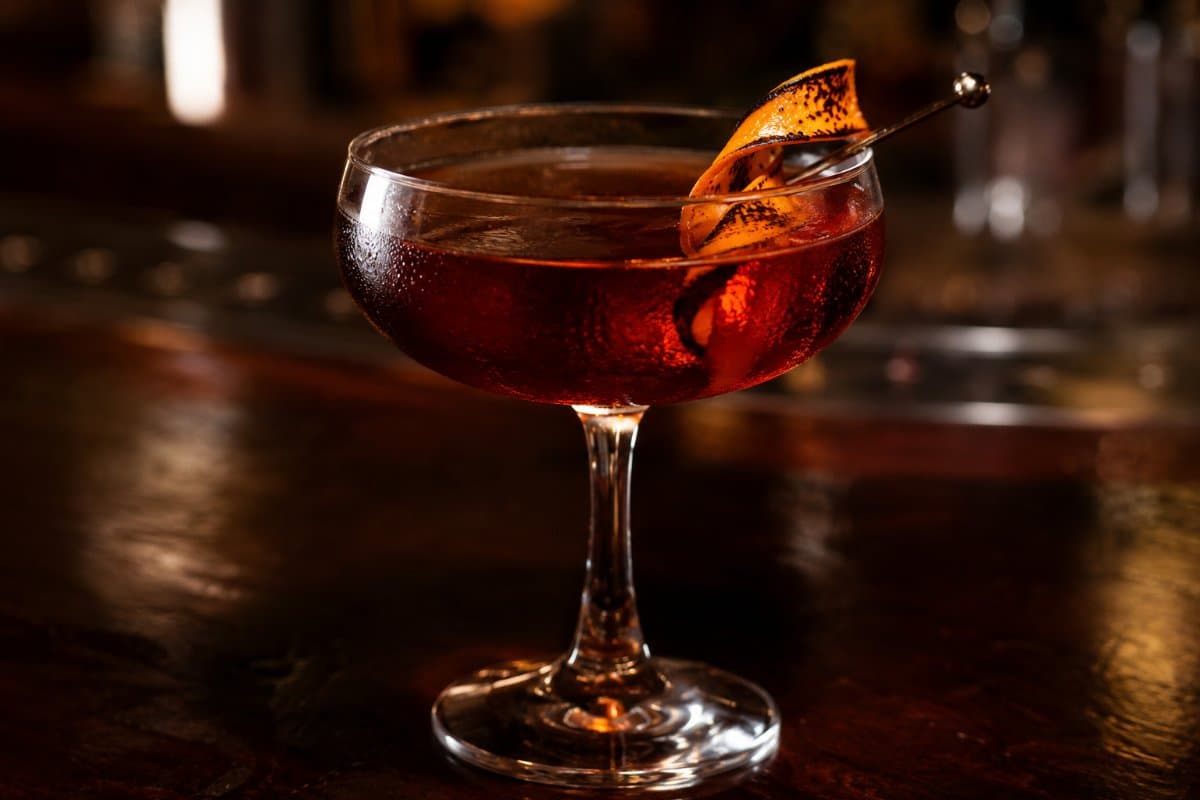Hanky Panky cocktail - gin-based served in a glass with garnish