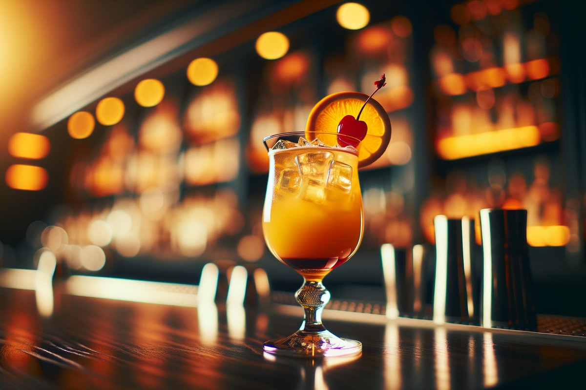 Harvey Wallbanger cocktail - vodka-based served in Collins glass with Orange slice and cherry