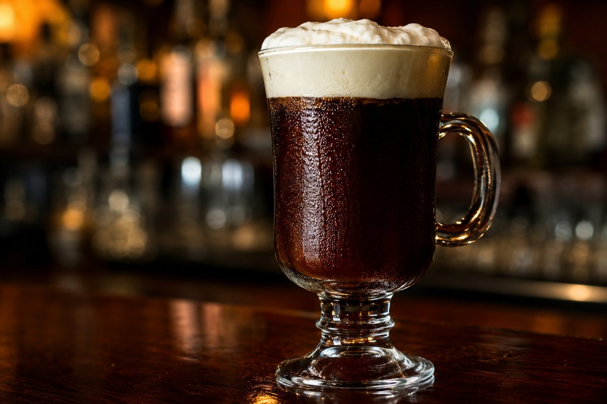 Irish Coffee cocktail - whiskey-based served in a glass with garnish