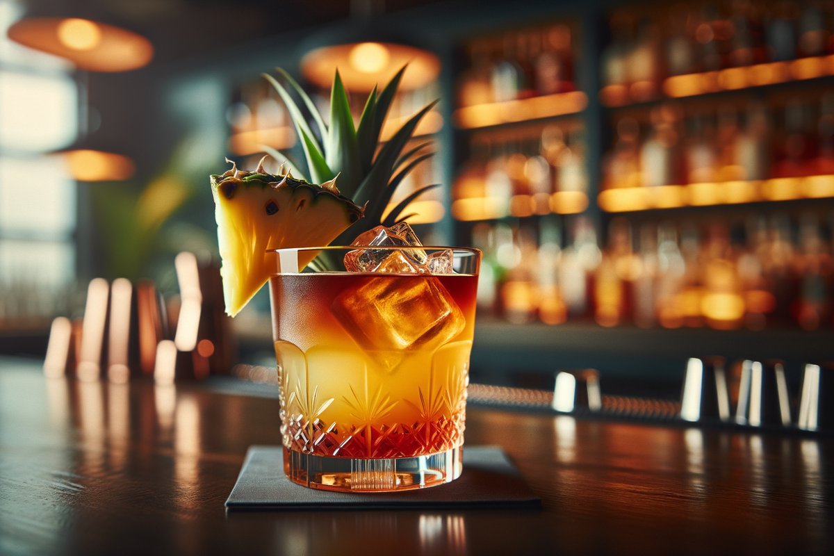Jungle Bird cocktail - rum-based served in rocks glass with pineapple wedge