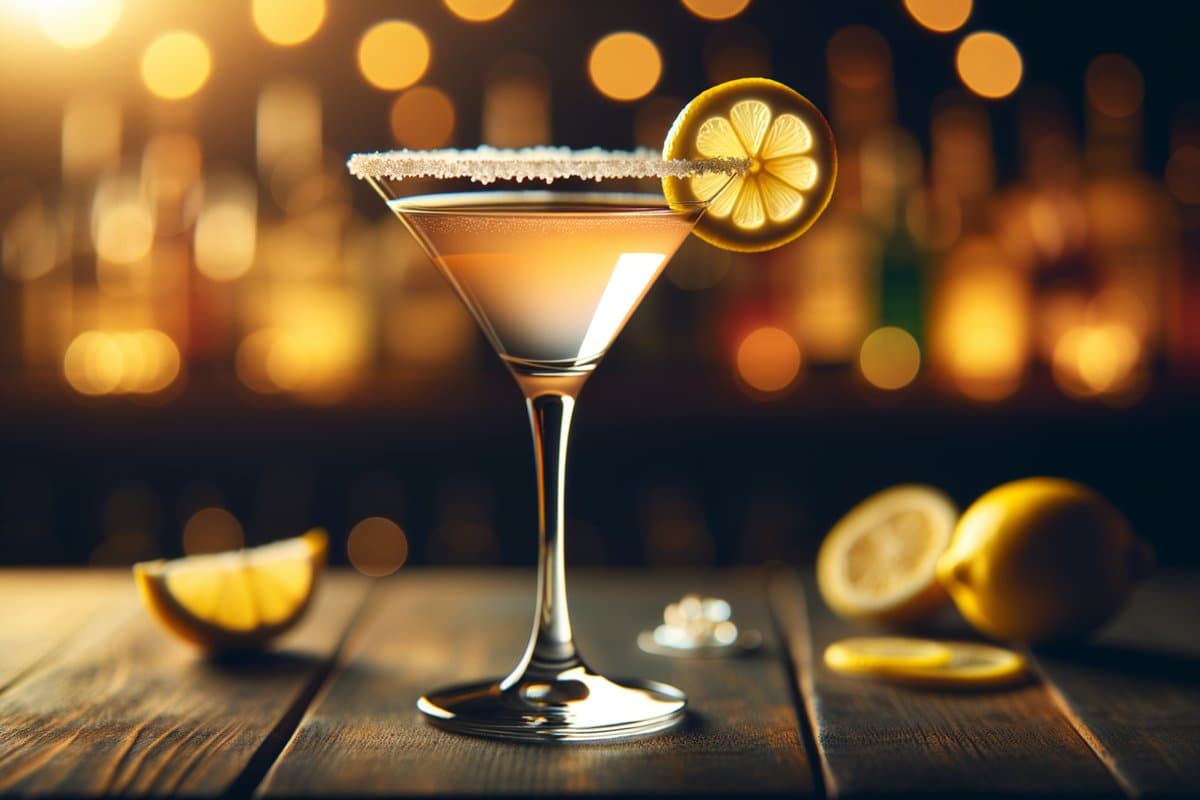 Lemon Drop Martini cocktail - vodka-based served in martini glass with lemon twist and sugar rim