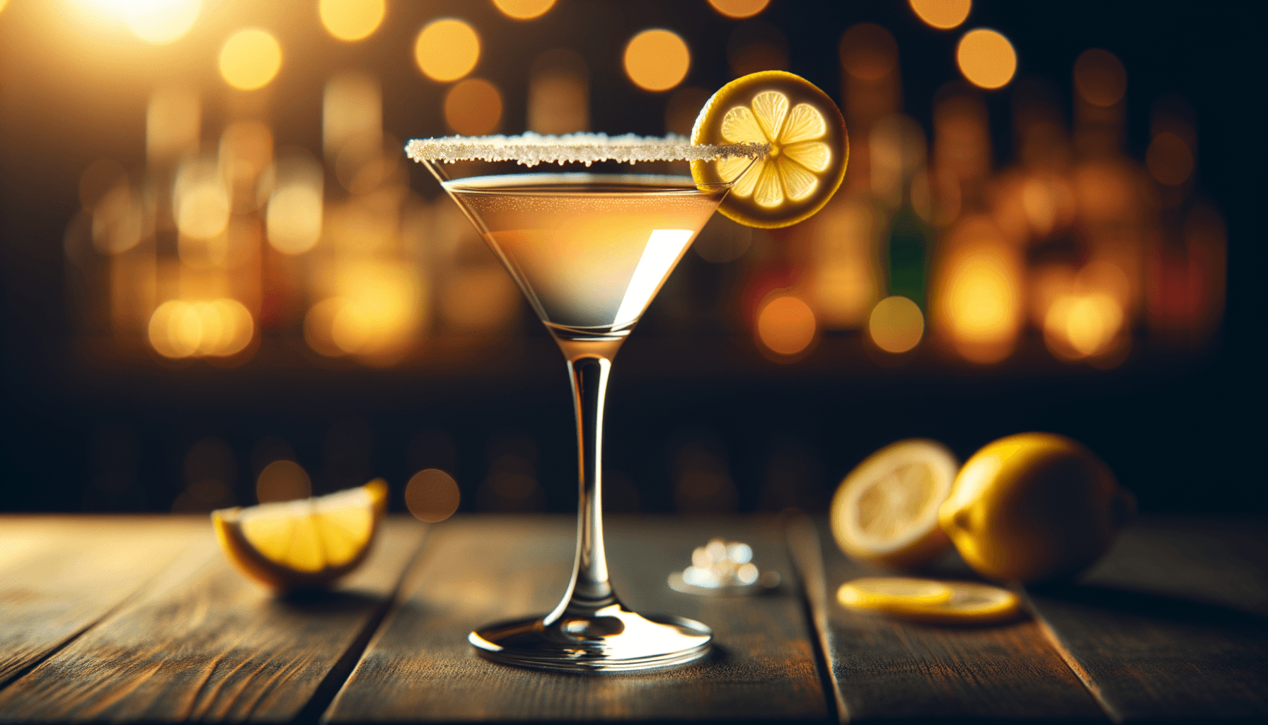 Lemon Drop Martini cocktail - vodka-based served in martini glass with lemon twist and sugar rim