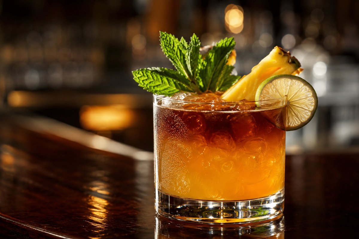 Mai Tai cocktail - rum-based served in a glass with garnish