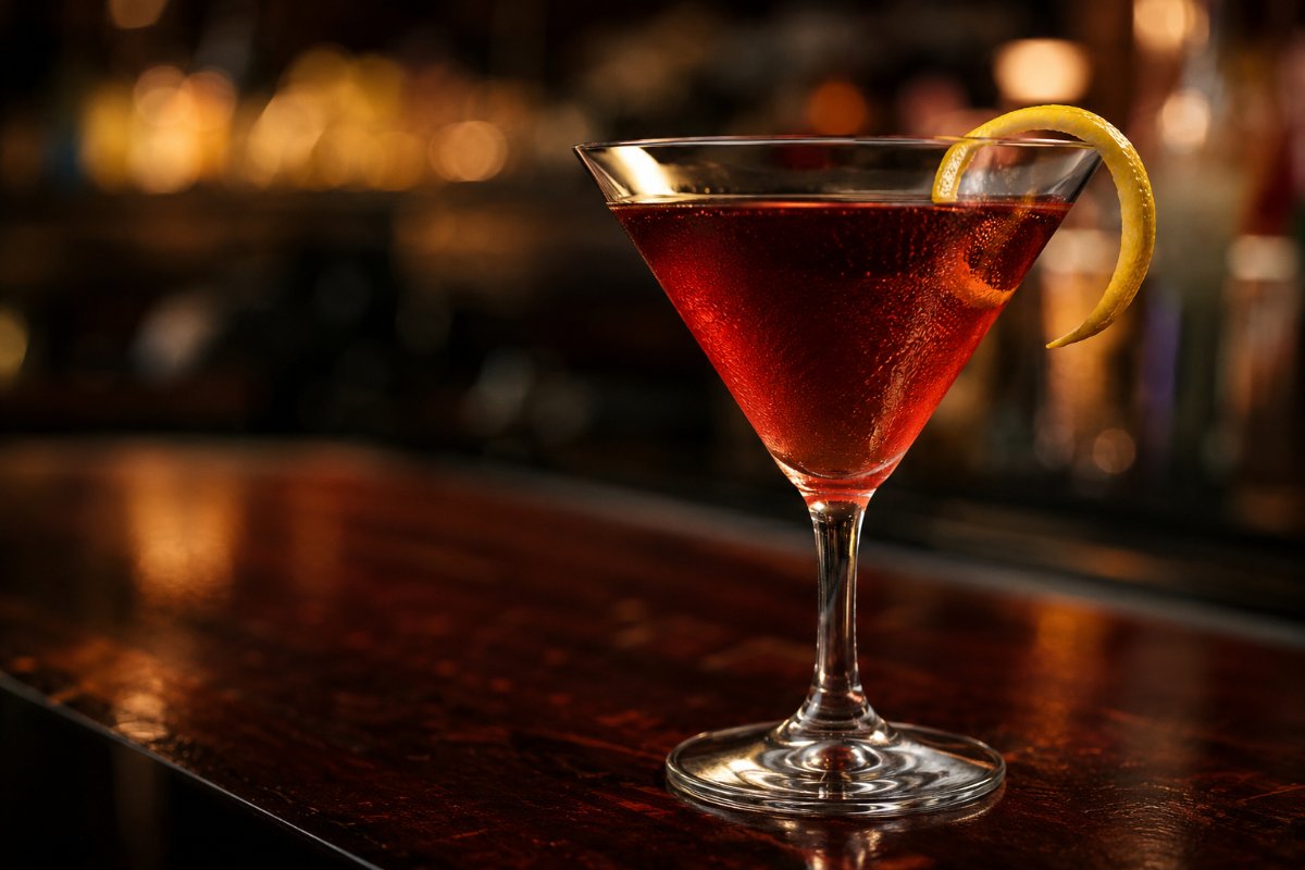Martinez cocktail - gin-based served in a glass with garnish