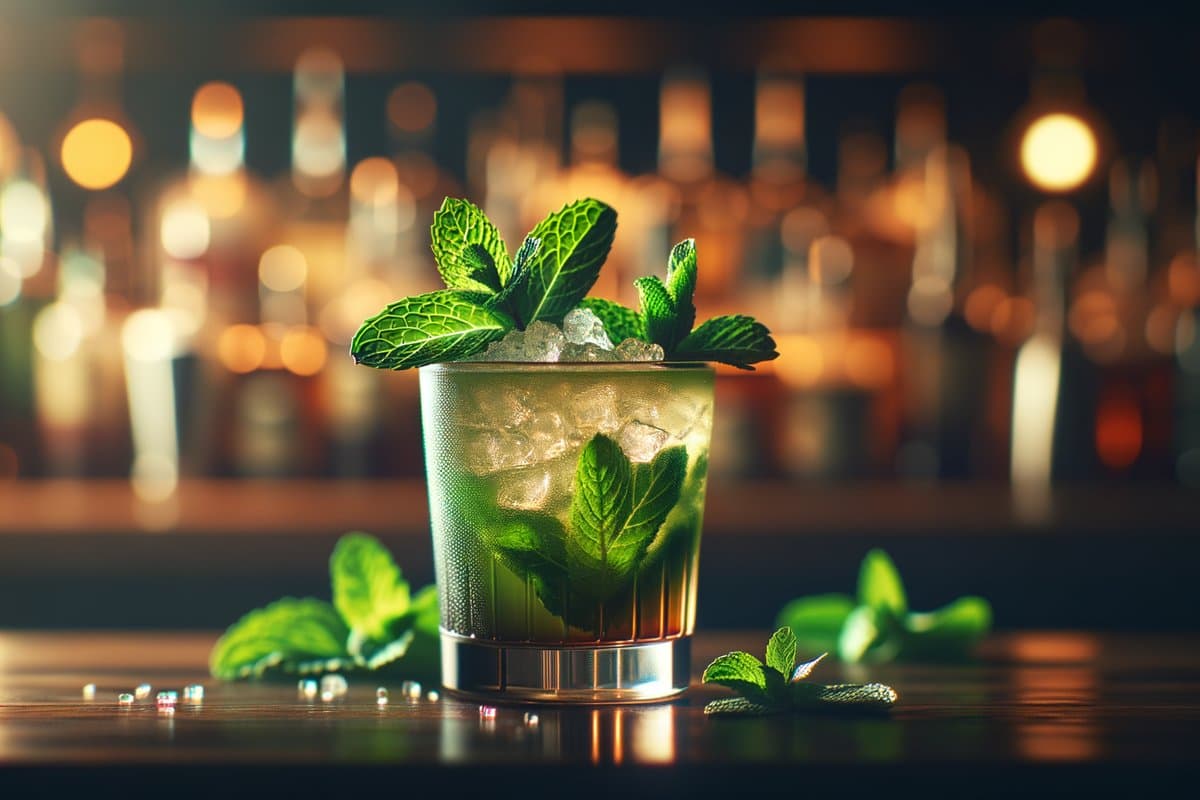 Mint Julep cocktail - whiskey-based served in julep cup with mint sprig