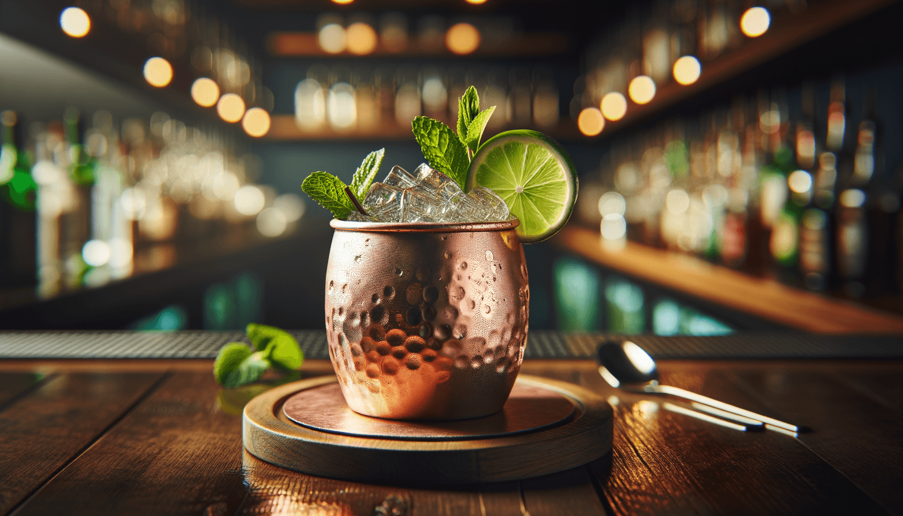 Moscow Mule cocktail - vodka-based served in Copper Mug or Highball with Lime wheel, mint sprig