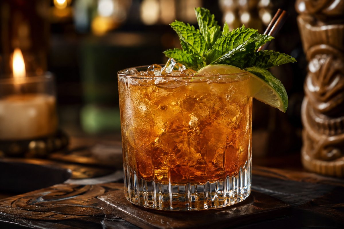 Navy Grog cocktail - rum-based served in a glass with garnish
