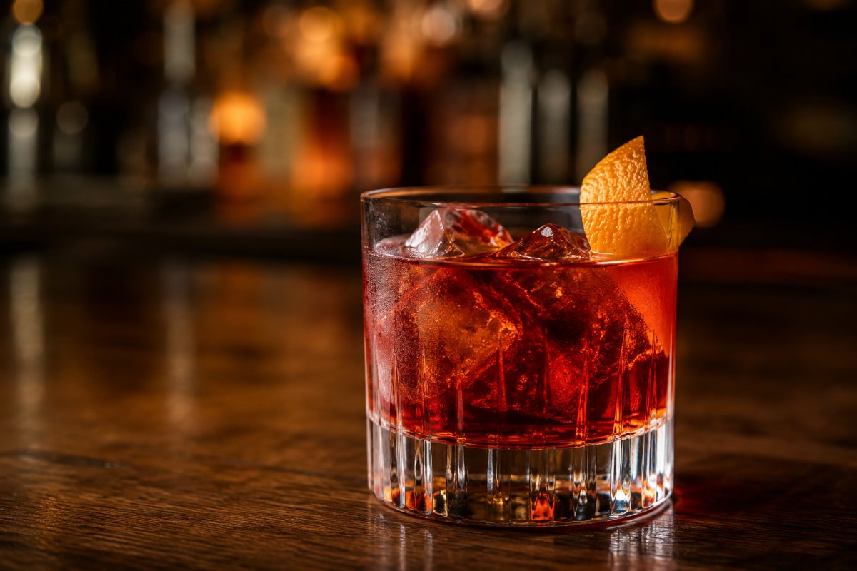 Negroni cocktail - gin-based served in a glass with garnish