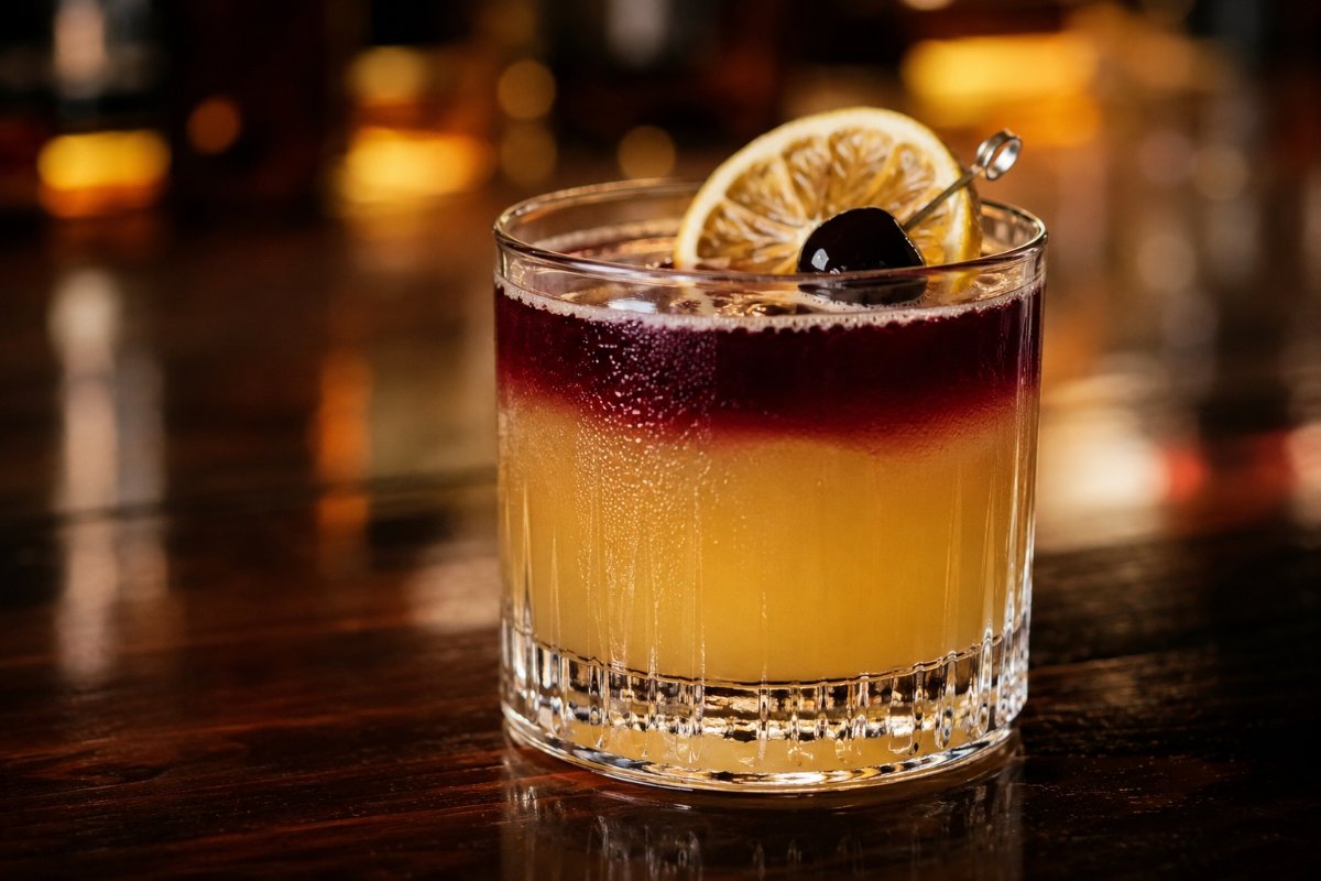 New York Sour cocktail - whiskey-based served in a glass with garnish
