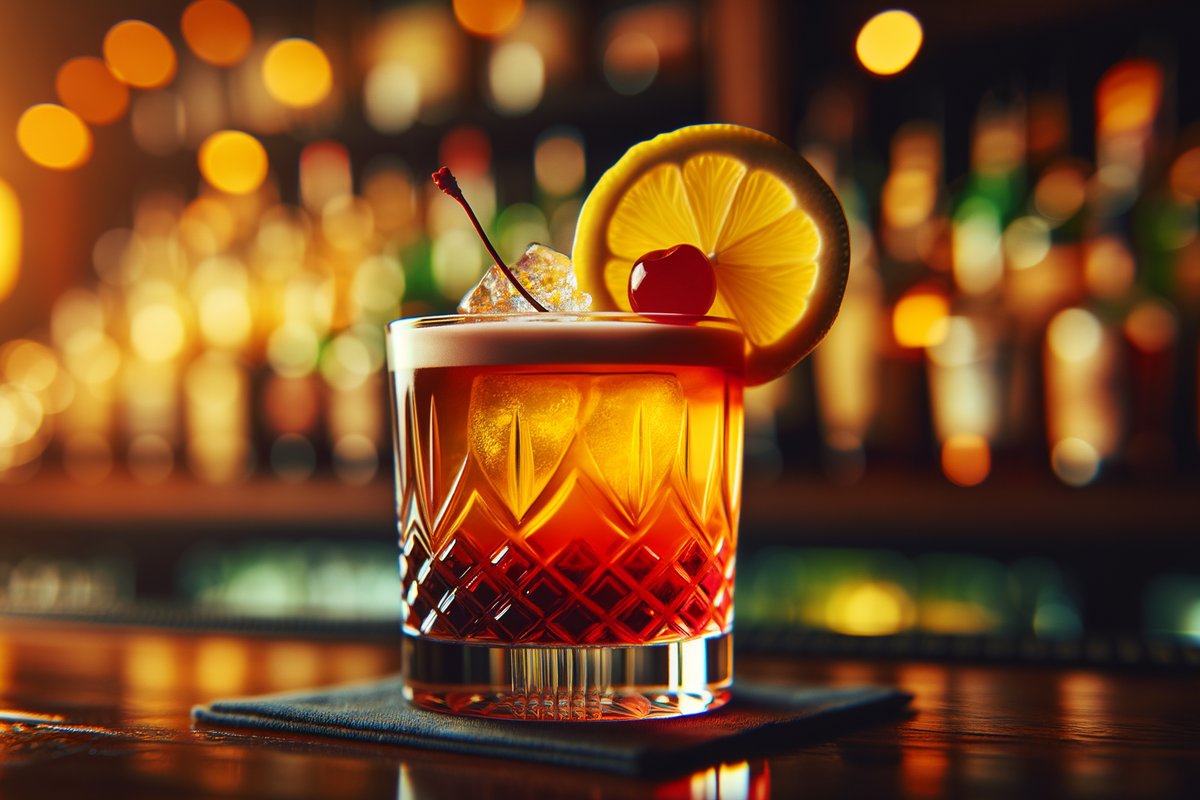 New York Sour cocktail - whiskey-based served in rocks glass with lemon wheel and cherry