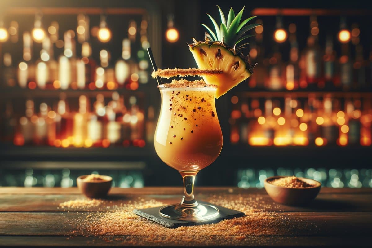 Painkiller cocktail - rum-based served in hurricane glass with pineapple wedge and nutmeg