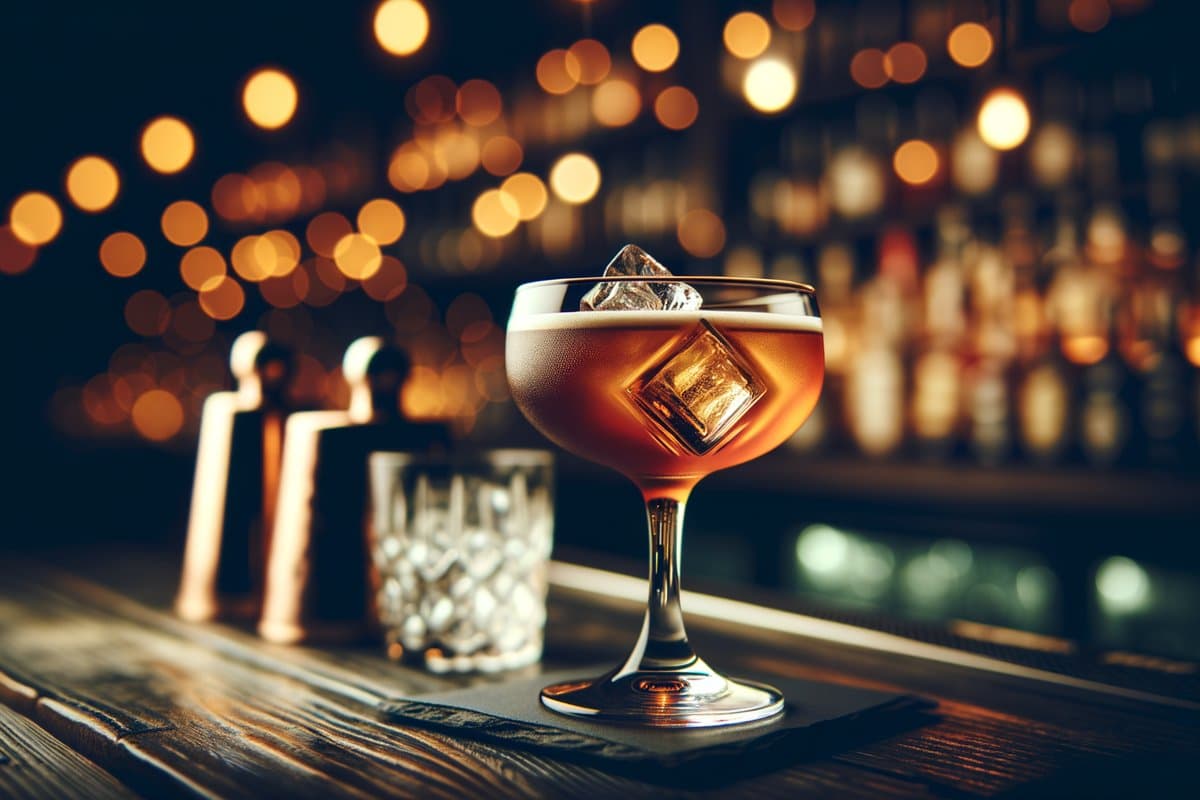 Paper Plane cocktail - whiskey-based served in coupe glass with none