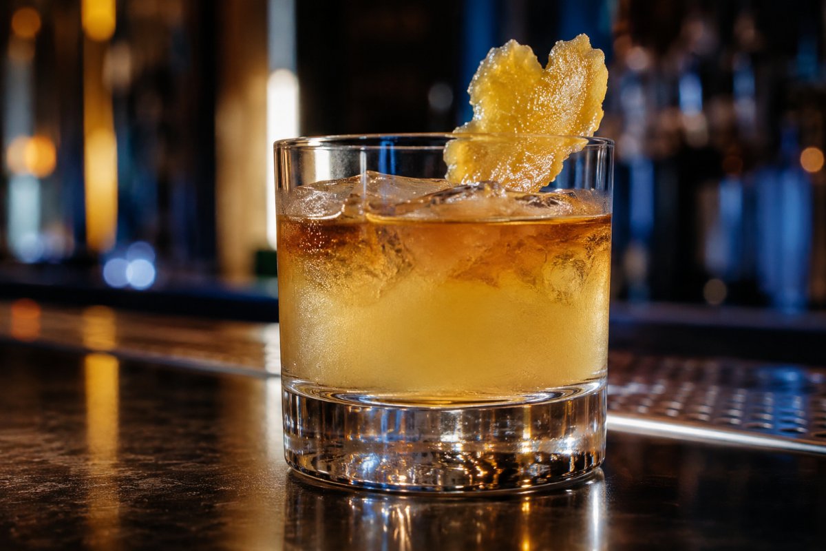 Penicillin cocktail - whiskey-based served in a glass with garnish