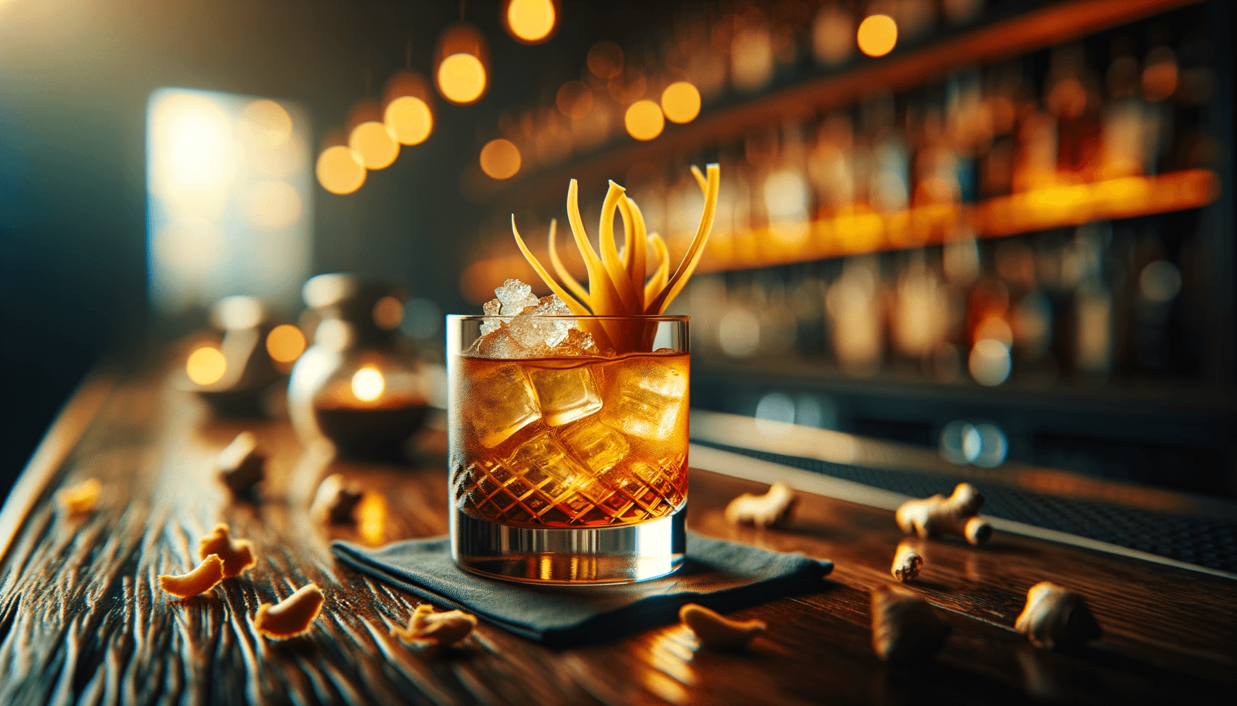 Penicillin cocktail - whiskey-based served in rocks glass with candied ginger