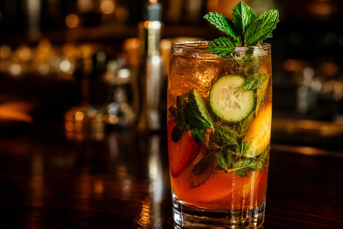Pimm's Cup cocktail - liqueur-based served in a glass with garnish