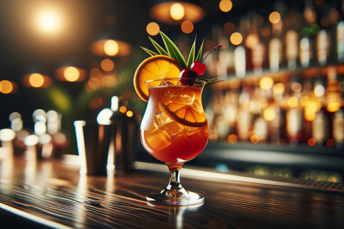 Planter's Punch cocktail - rum-based served in hurricane glass with orange slice and cherry