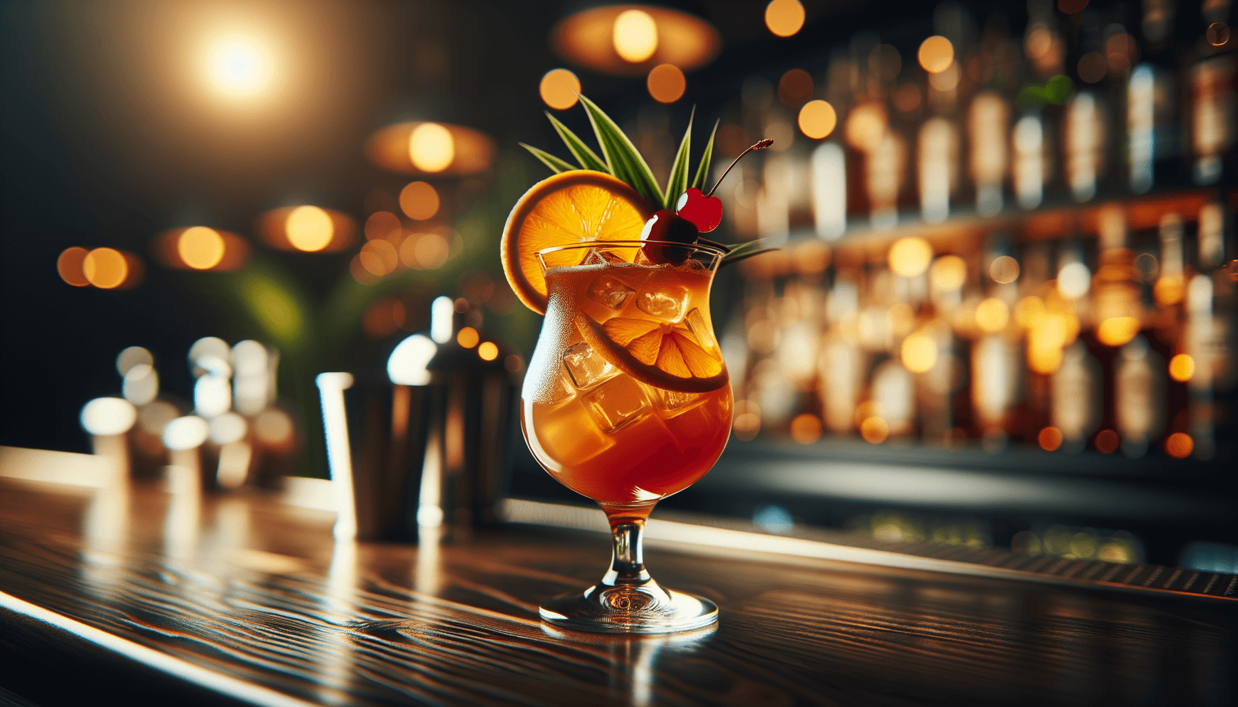 Planter's Punch cocktail - rum-based served in hurricane glass with orange slice and cherry