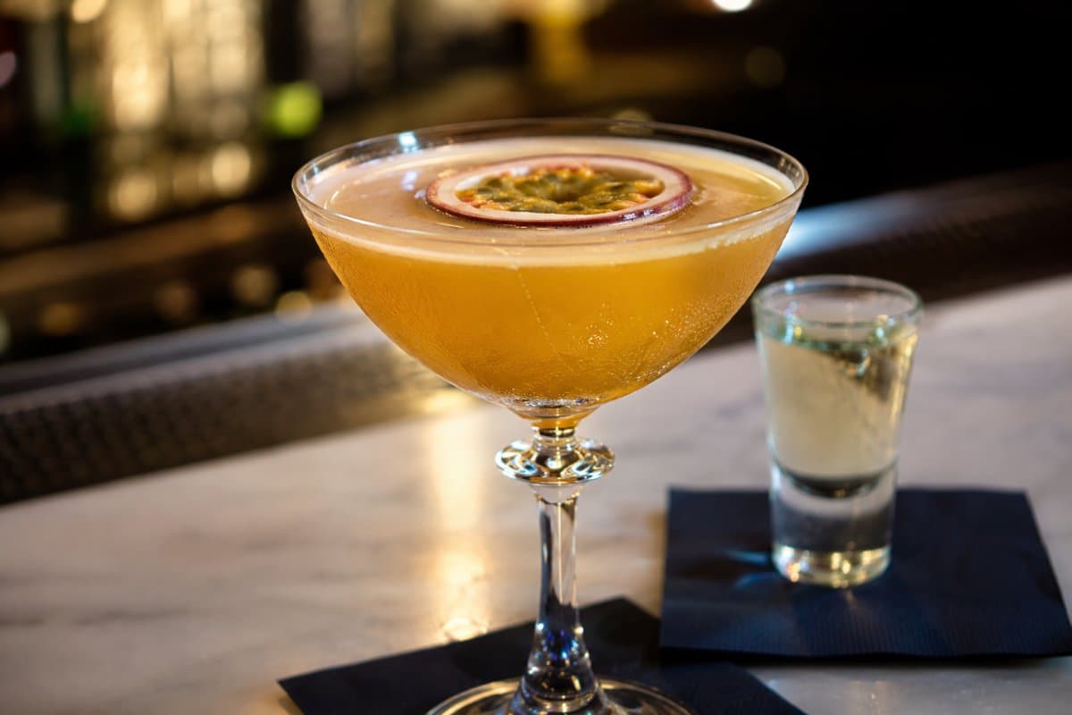Porn Star Martini cocktail - vodka-based served in a glass with garnish