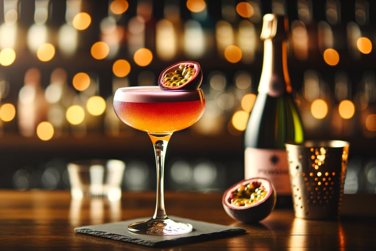 Porn Star Martini cocktail - vodka-based served in coupe glass with passion fruit half and prosecco shot