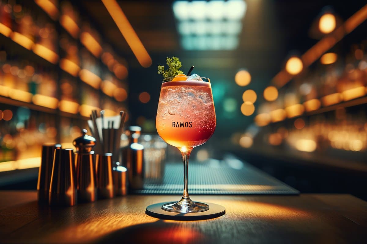 Ramos Gin Fizz cocktail - gin-based served in collins glass with none