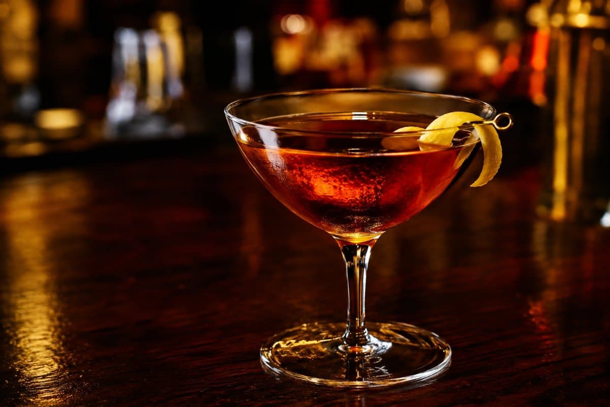 Rob Roy cocktail - whiskey-based served in a glass with garnish