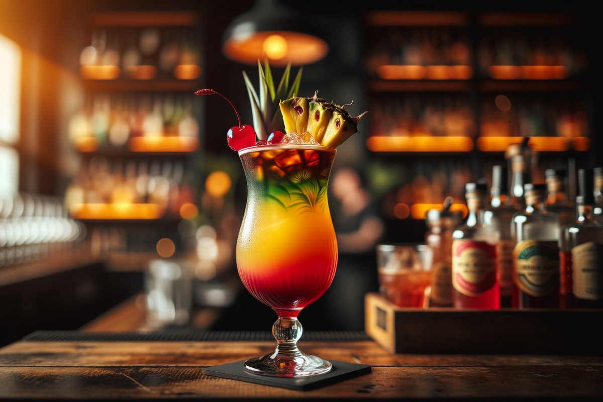 Singapore Sling cocktail - gin-based served in collins glass with pineapple and cherry