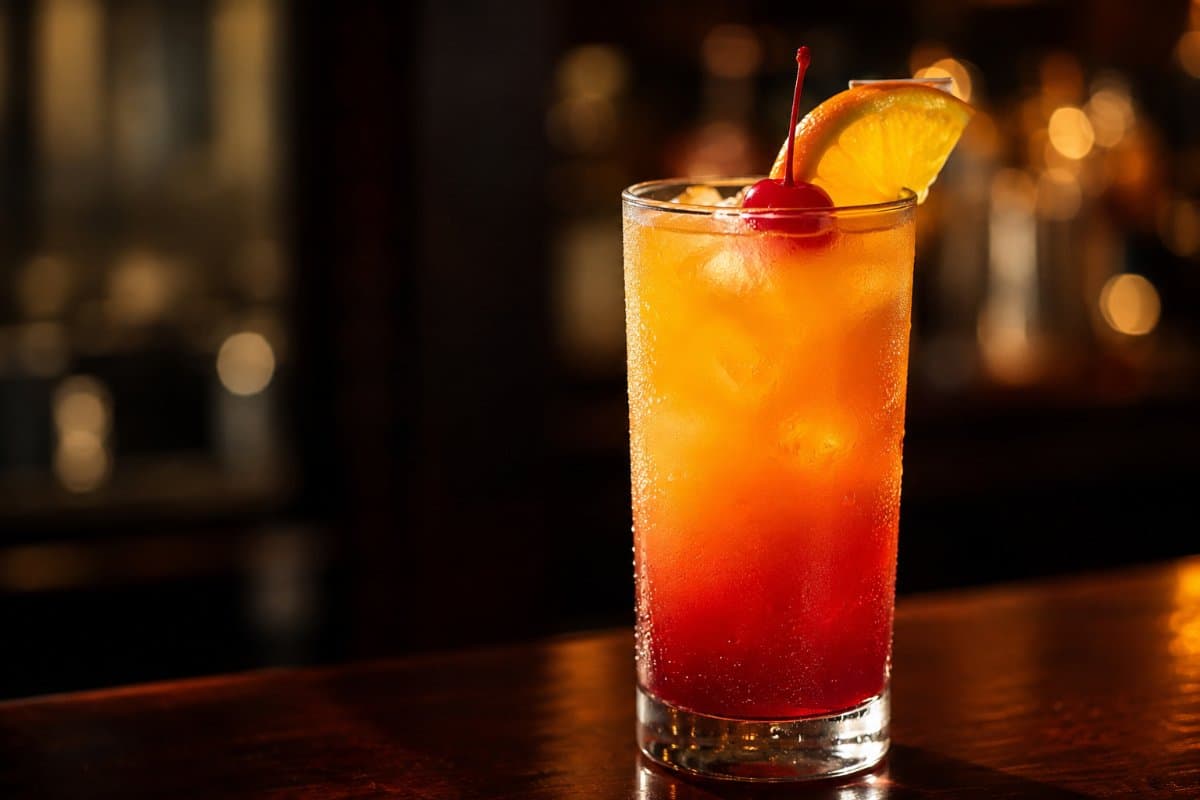 Tequila Sunrise cocktail - tequila-based served in a glass with garnish