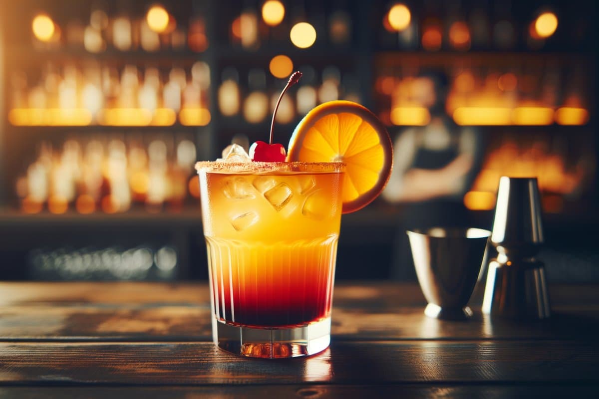 Tequila Sunrise cocktail - tequila-based served in highball glass with orange slice and cherry