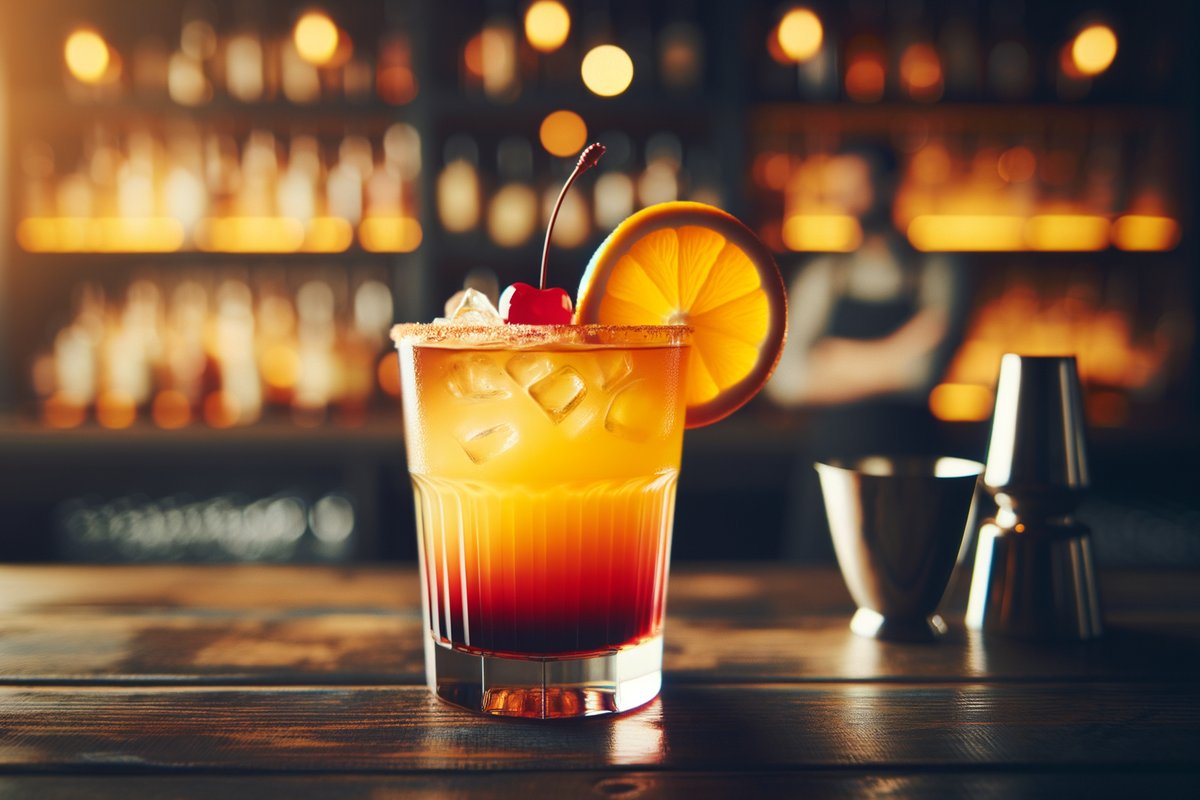 Tequila Sunrise cocktail - tequila-based served in highball glass with orange slice and cherry