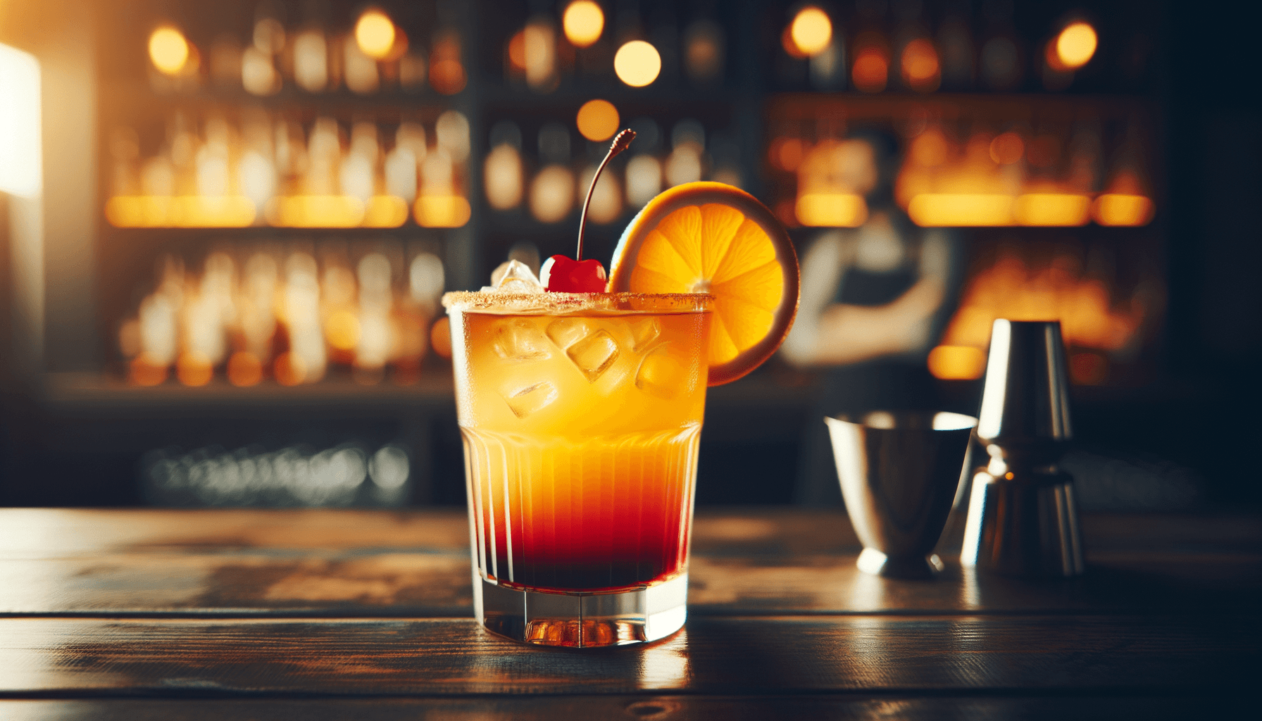Tequila Sunrise cocktail - tequila-based served in highball glass with orange slice and cherry