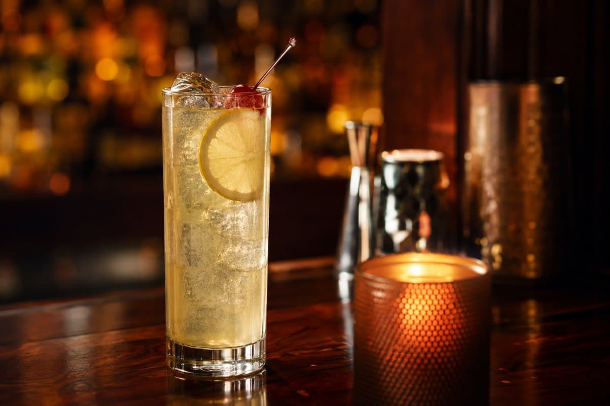 Tom Collins cocktail - gin-based served in a glass with garnish