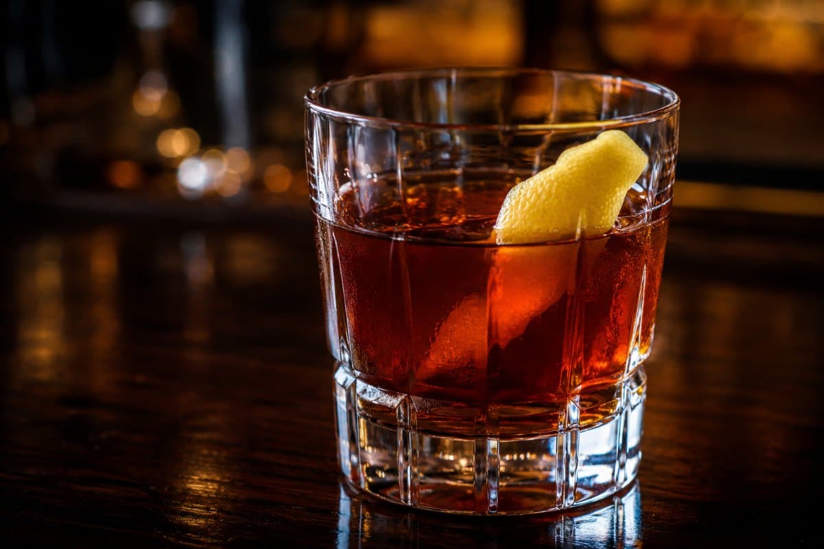 Vieux Carré cocktail - whiskey-based served in a glass with garnish