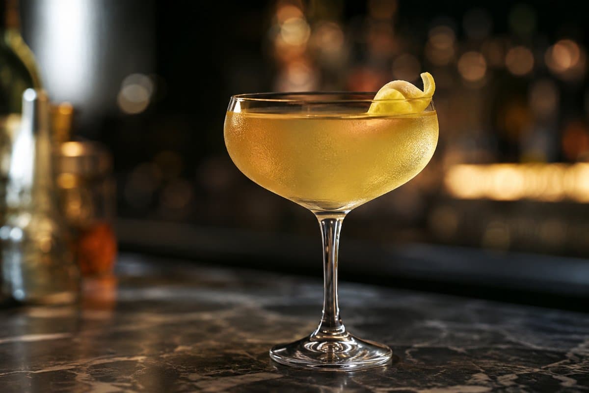 Vieux Mot cocktail - brandy-based served in a glass with garnish