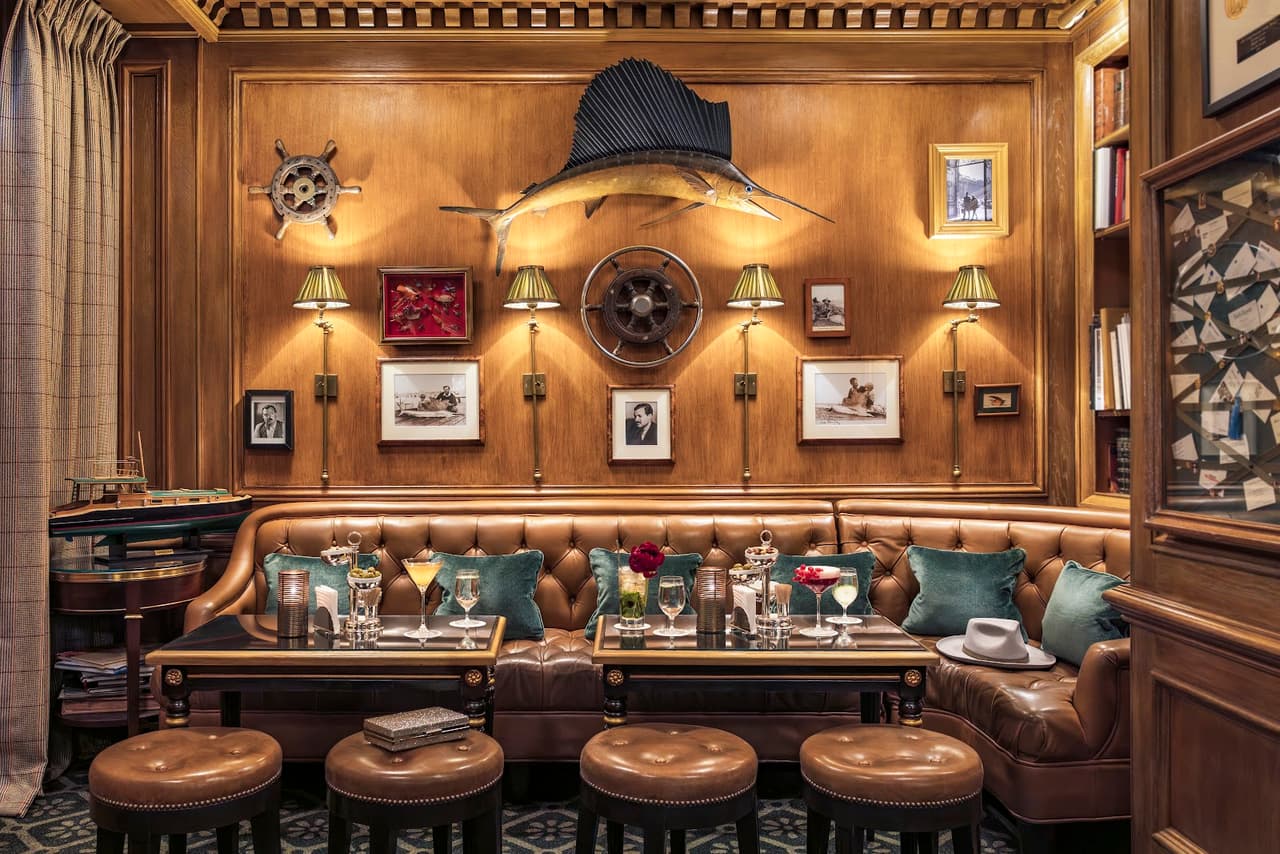 Elegant bar interior with leather seating and nautical decor
