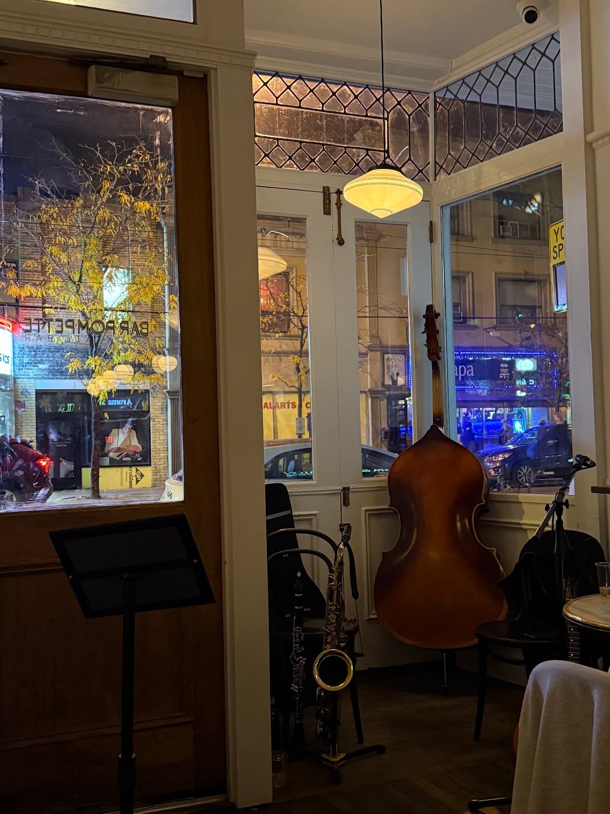 Cozy interior with musical instruments and street view in Toronto