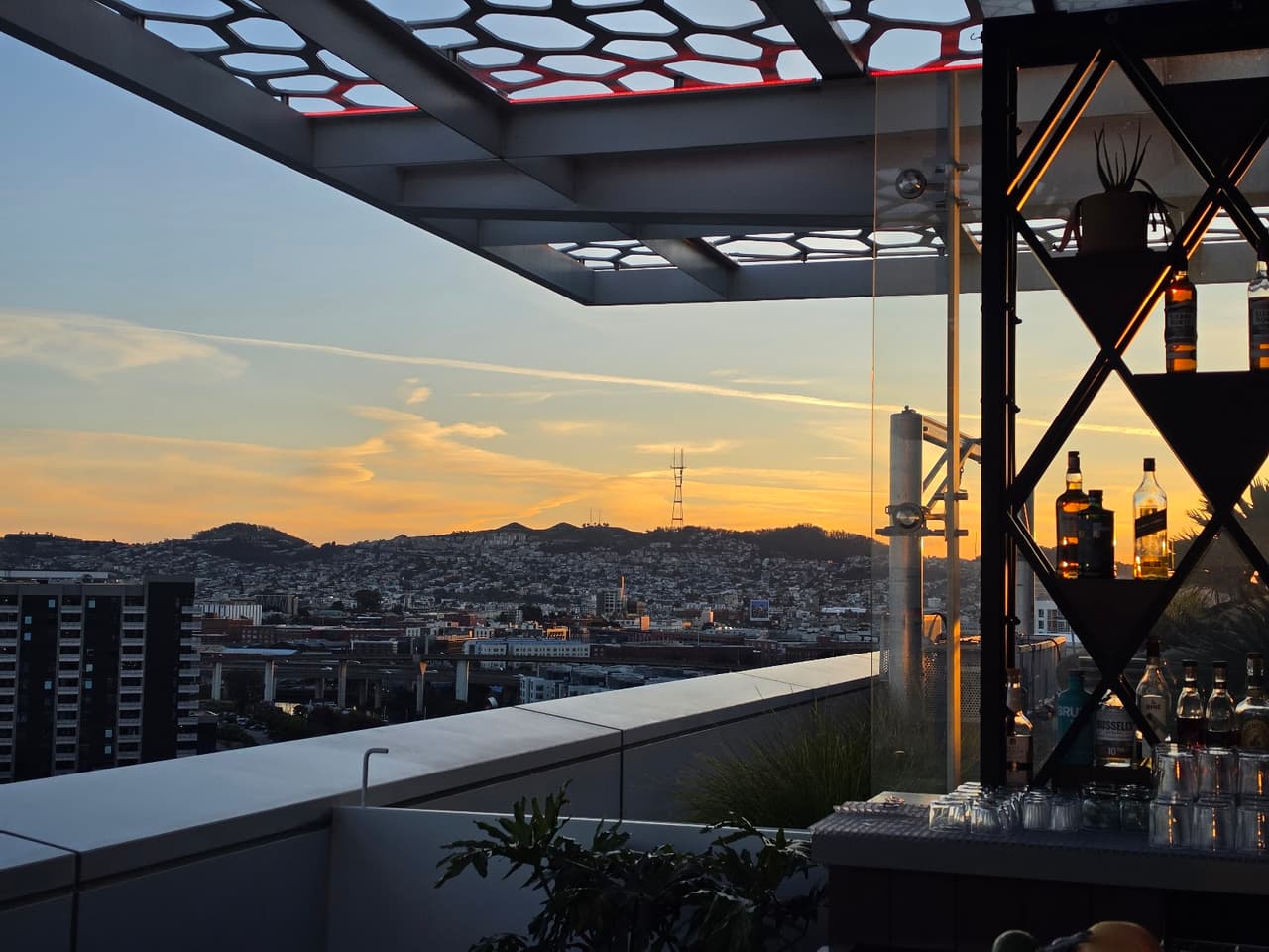 Rooftop bar with cityscape and sunset view in San Francisco