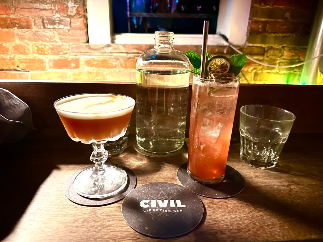 Cocktail drinks on bar counter at Civil Liberties Bar in Toronto