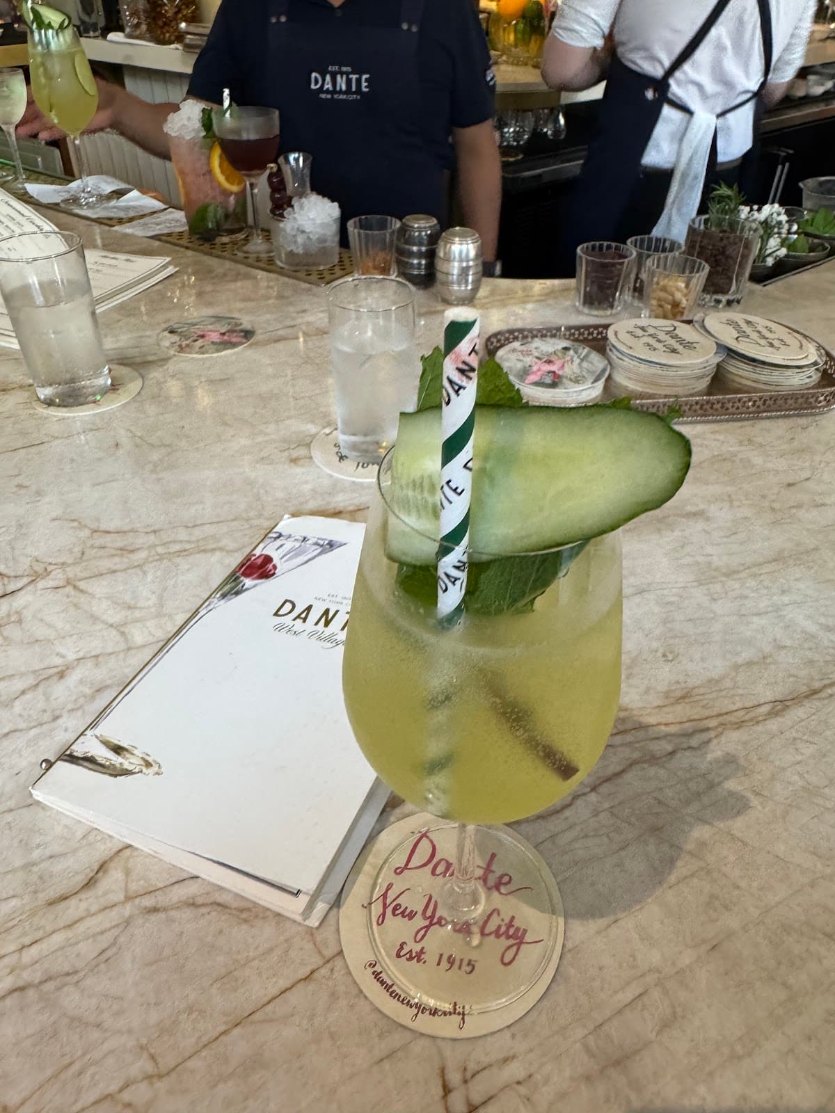 Close-up of cocktail on bar counter at Dante in New York City in New York