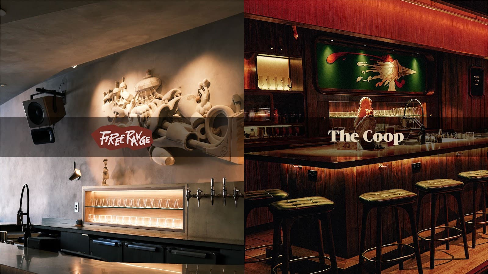 Bar area with plush stools and dim lighting at Free Range and The Coop in New York