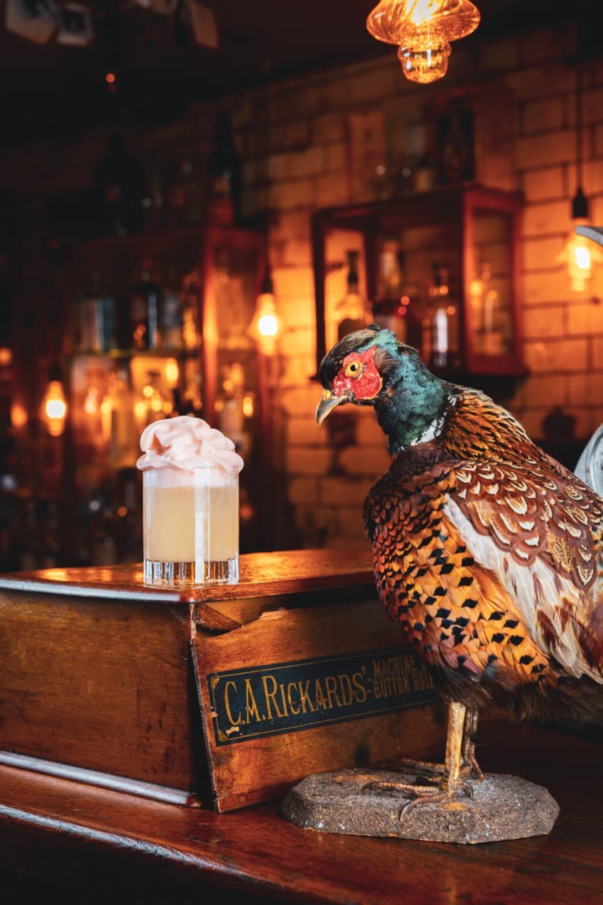 Cocktail with foam and taxidermy pheasant in a dimly lit bar in London