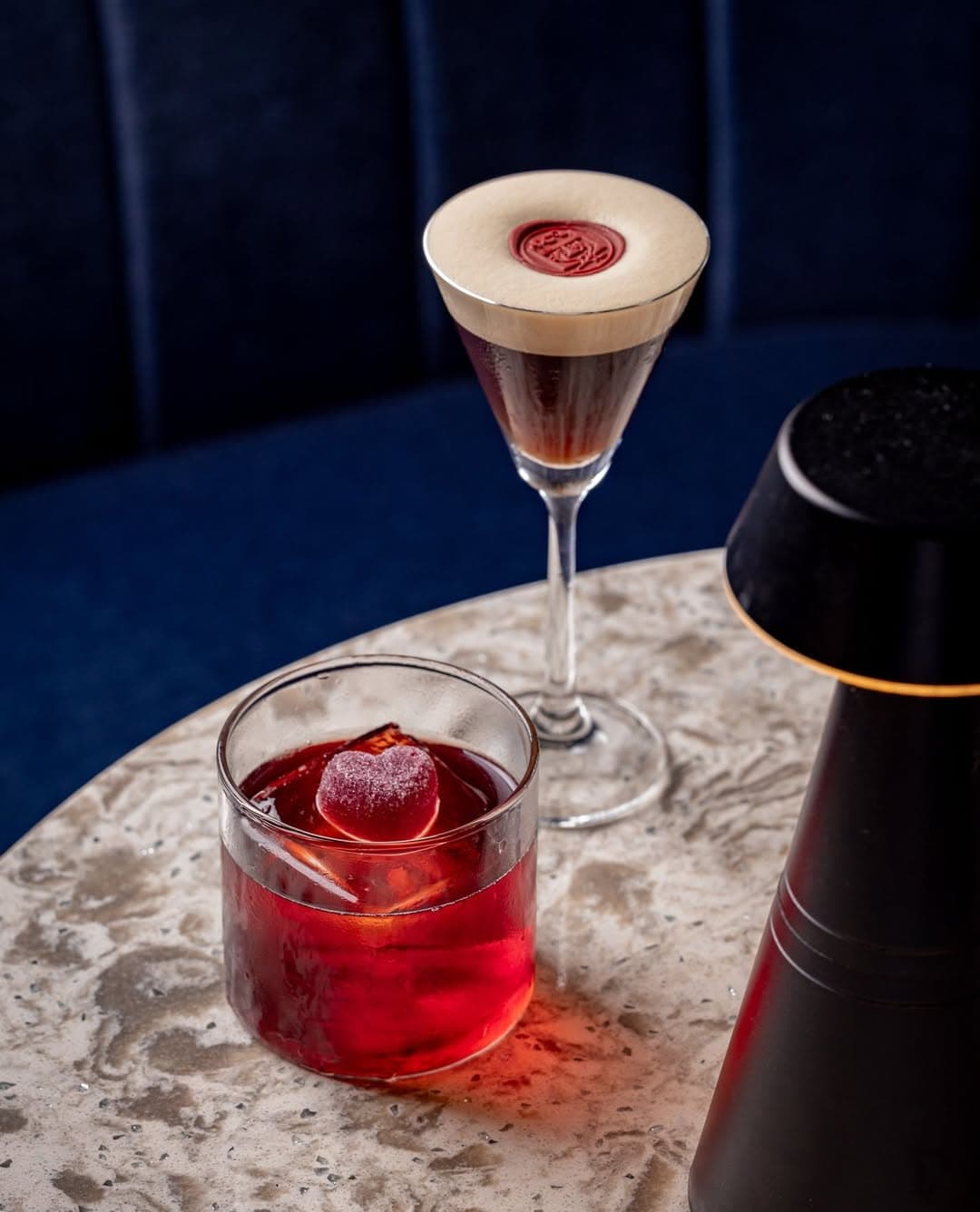 Close-up of two cocktails on a marble table in London