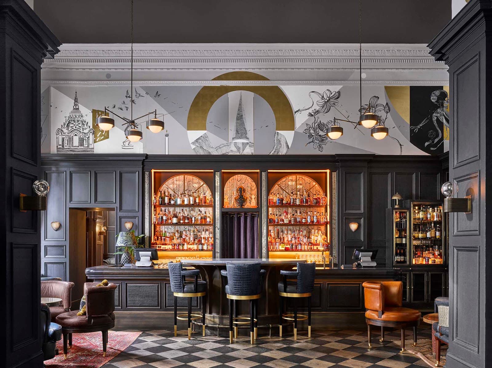 Elegant bar interior with dark wood, stocked shelves, and artistic wall decor