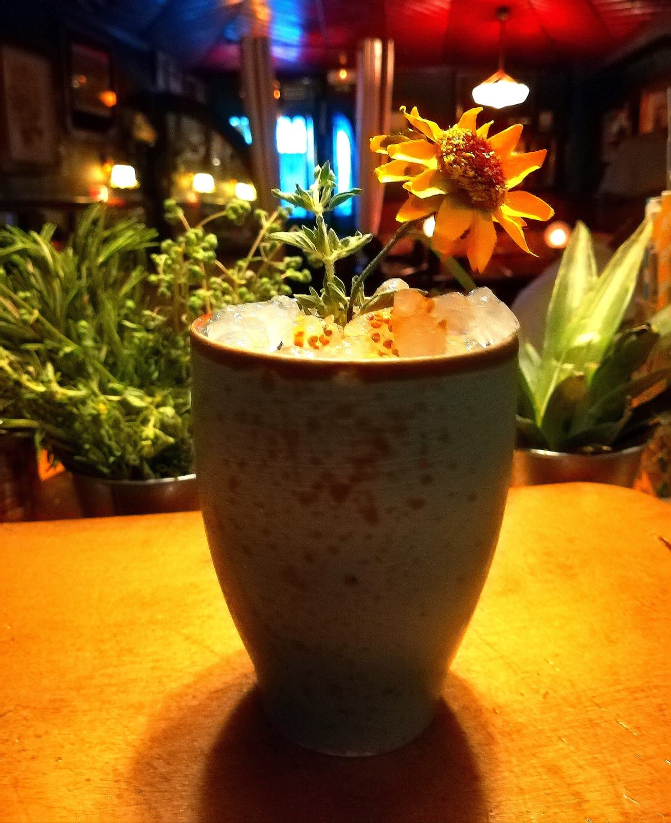 Creative cocktail garnished with a flower in a dimly lit bar setting in Lisboa