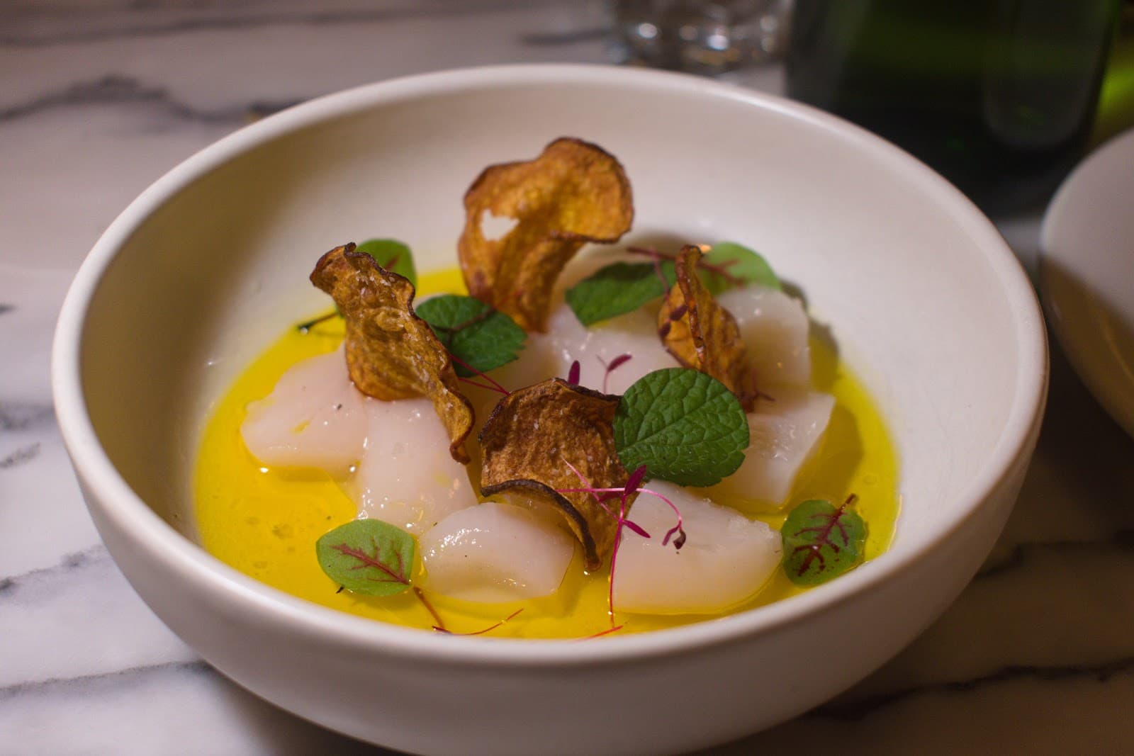 Close-up of a gourmet dish with scallops and garnishes in a white bowl in Toronto
