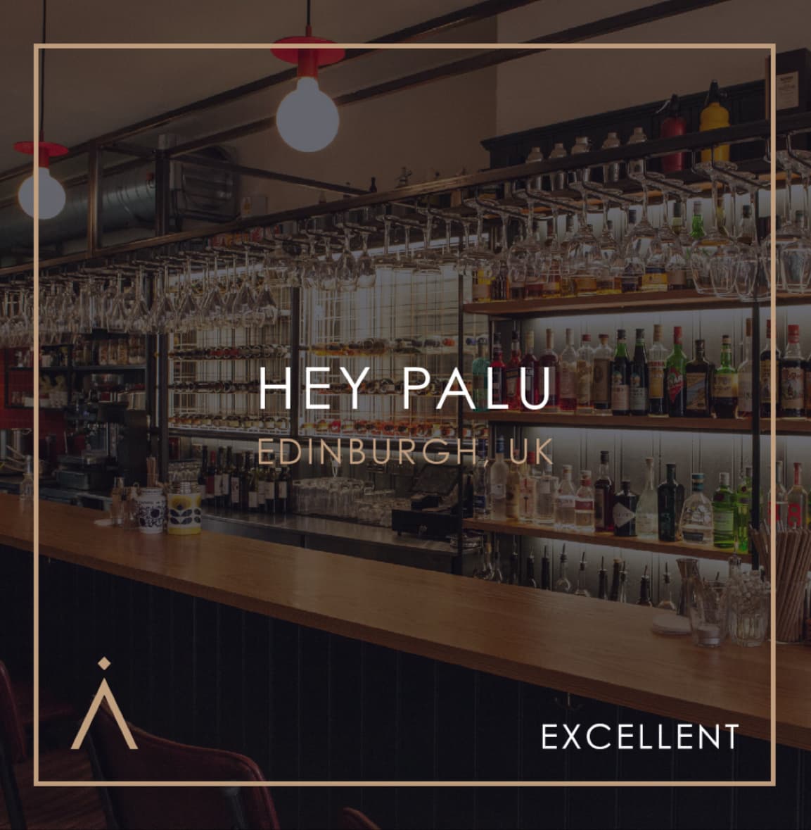Bar counter with hanging glassware and bottles at Hey Palu, Edinburgh in Edinburgh