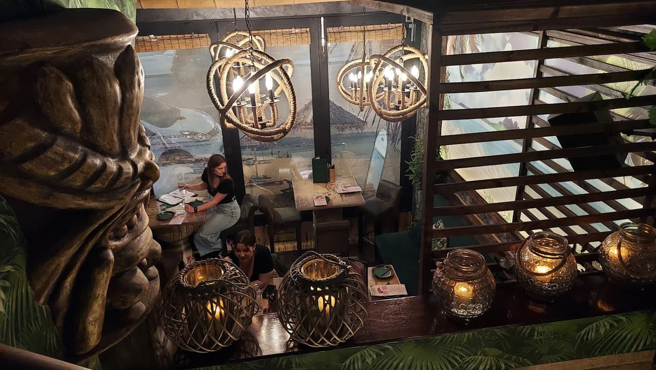 Interior with decorative lighting and a tiki decor theme in London