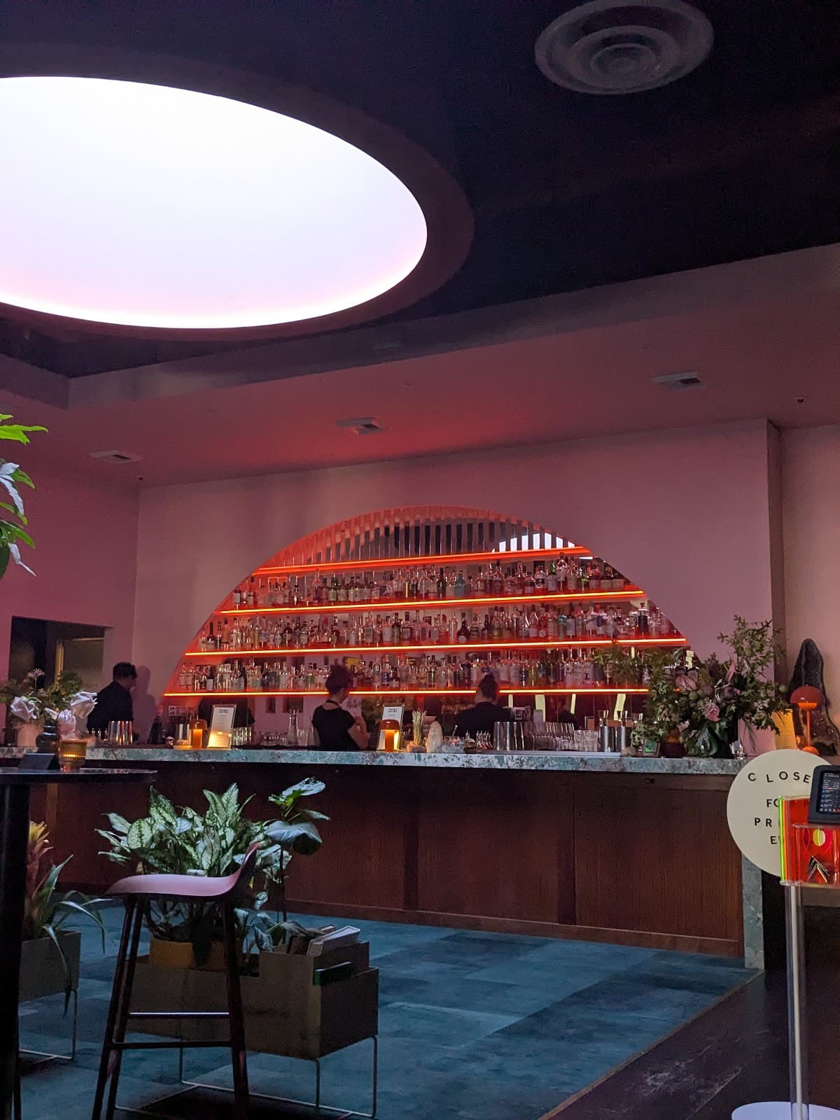 Modern bar with a curved shelf and plants, dimly lit ambiance in San Francisco